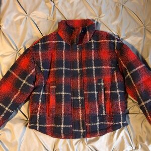 Levi's Red Plaid Jacket Women's XS Puffer Coat Blue Cinch Waist LW2RP412 NWT